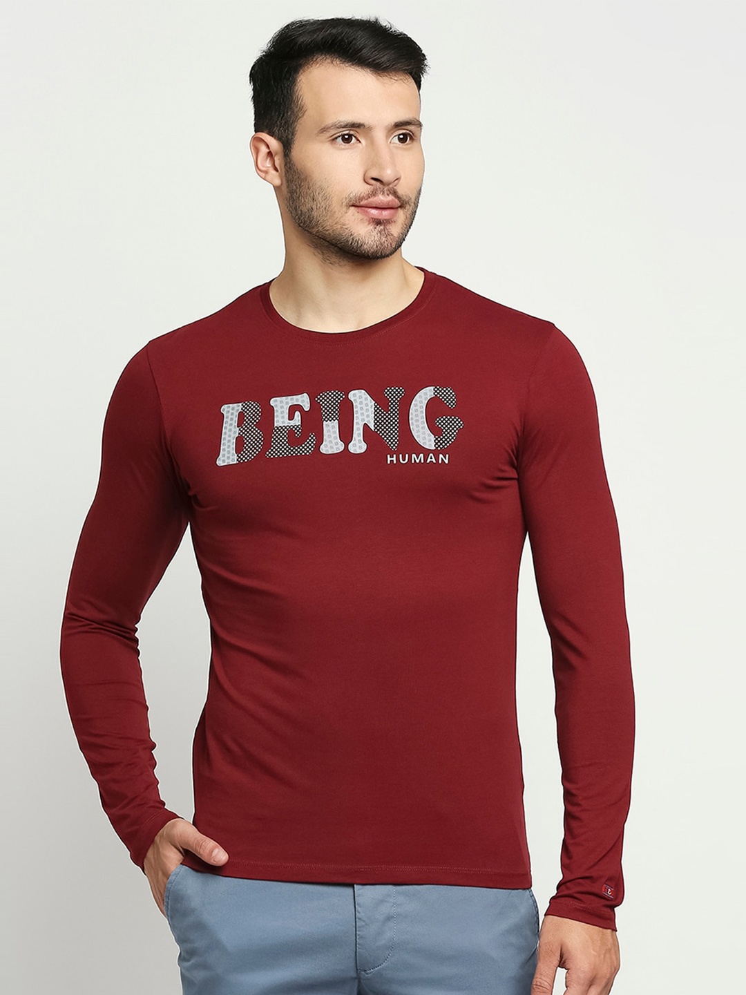 

Being Human Men Maroon & Grey Brand Logo Printed T-shirt