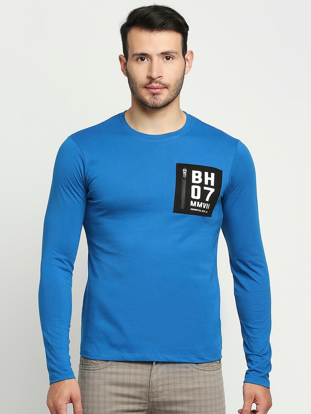Being Human Men Blue & Black Typography Printed Pockets Pure Cotton T-shirt