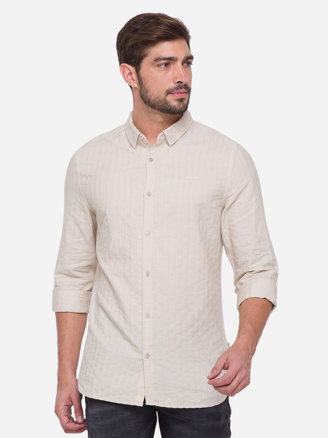 

Being Human Men Beige Comfort Slim Fit Striped Casual Shirt