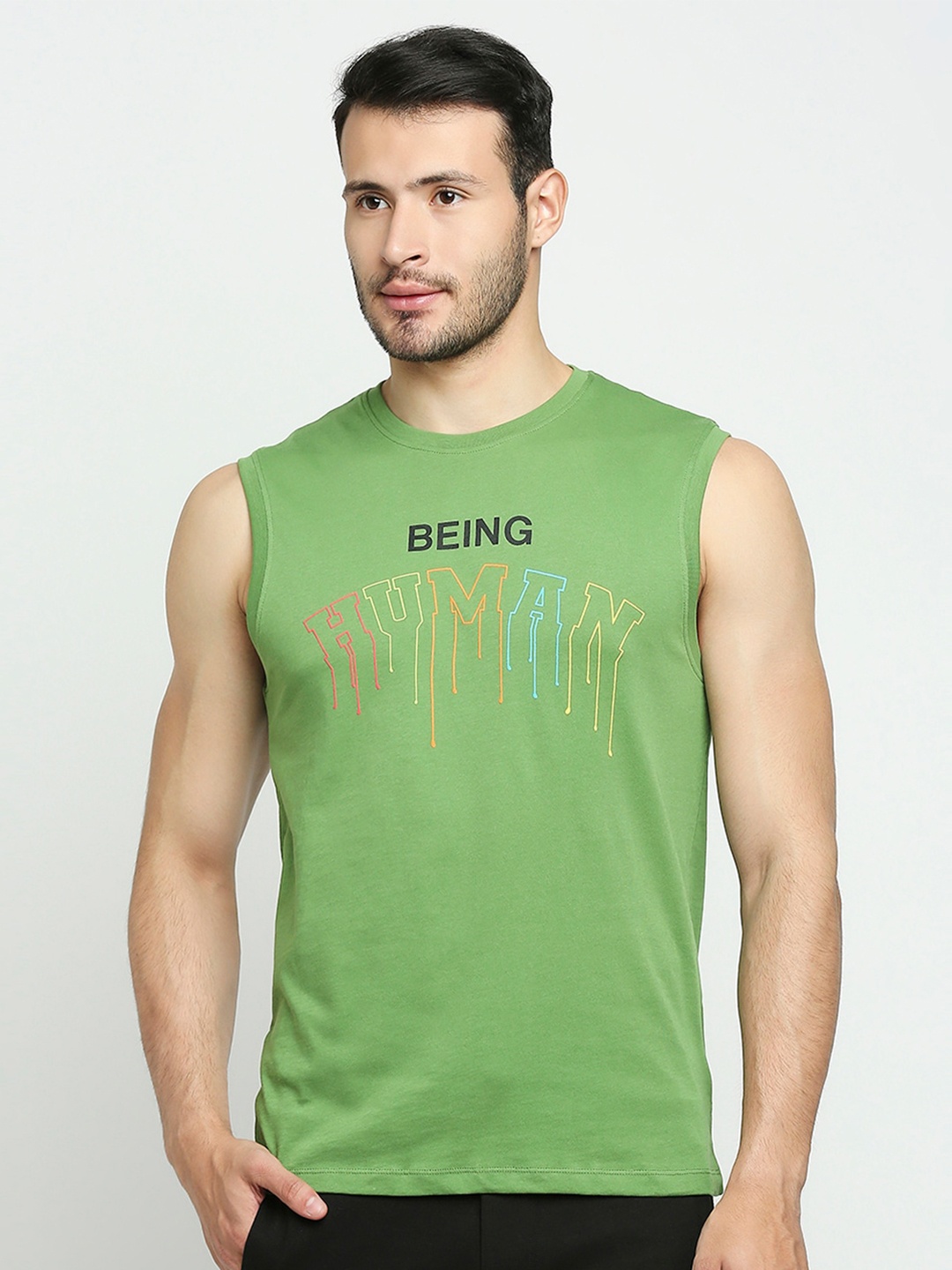 

Being Human Men Green & Black Brand Logo Printed Pure Cotton T-shirt