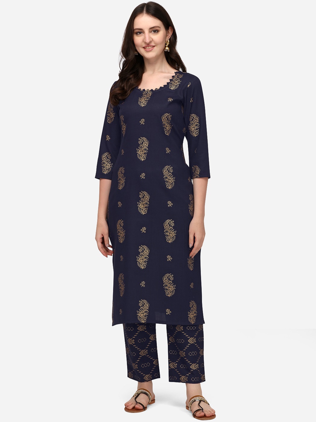 

Florence Women Navy Blue Ethnic Motifs Printed Floral Kurta