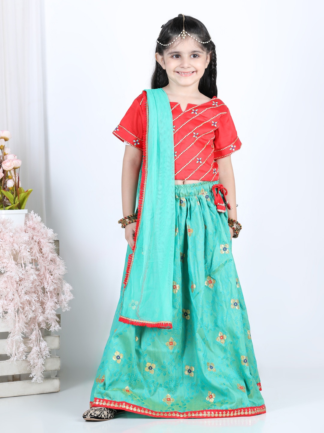 

Here&Now X Kinder Kids Girls Red & Turquoise Blue Embroidered Ready to Wear Lehenga & Blouse With Dupatta