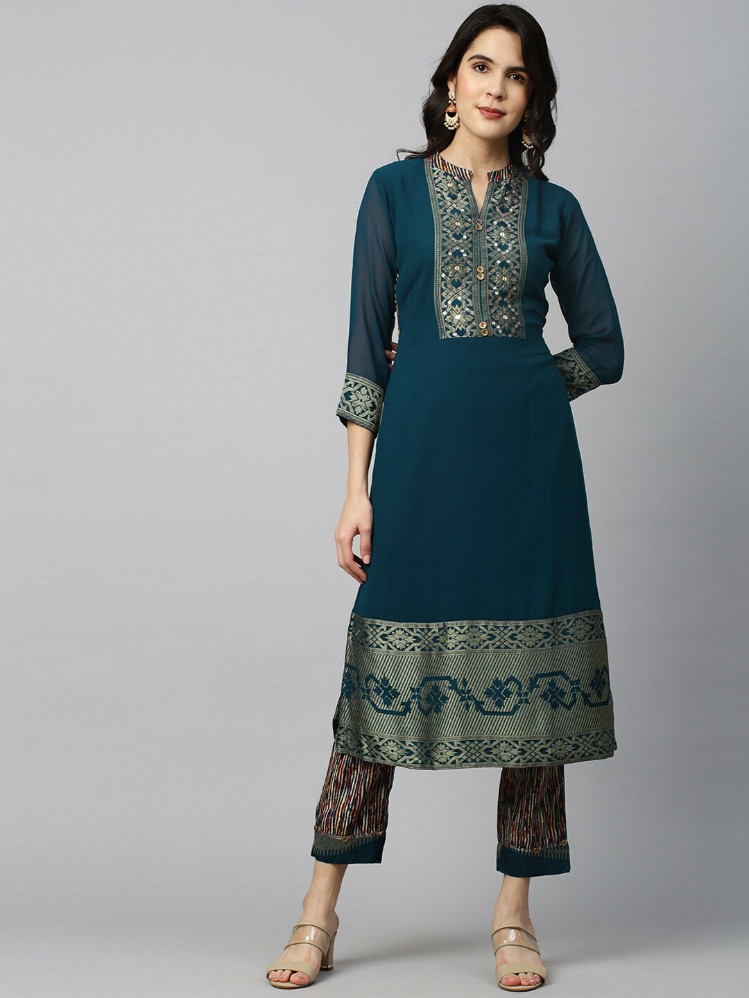 

FASHOR Women Teal Blue & Green Zari Kurta with Trousers