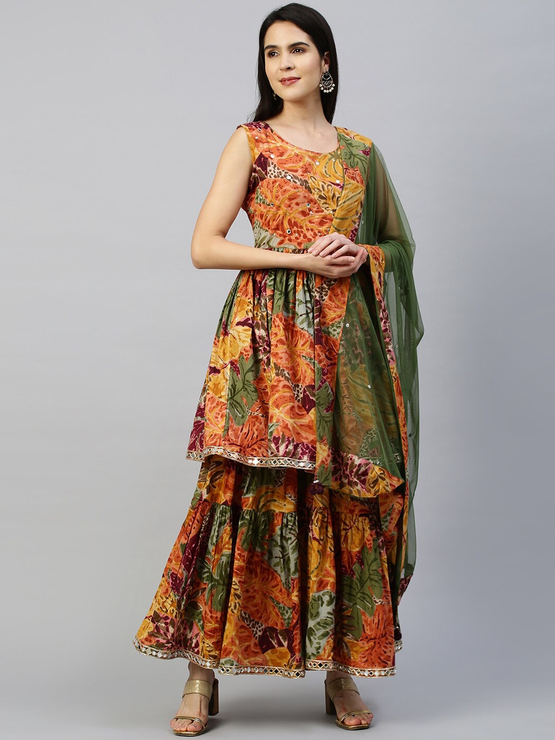 

FASHOR Women Multicoloured Mirror Work Pure Cotton Kurta with Sharara & With Dupatta, Multi