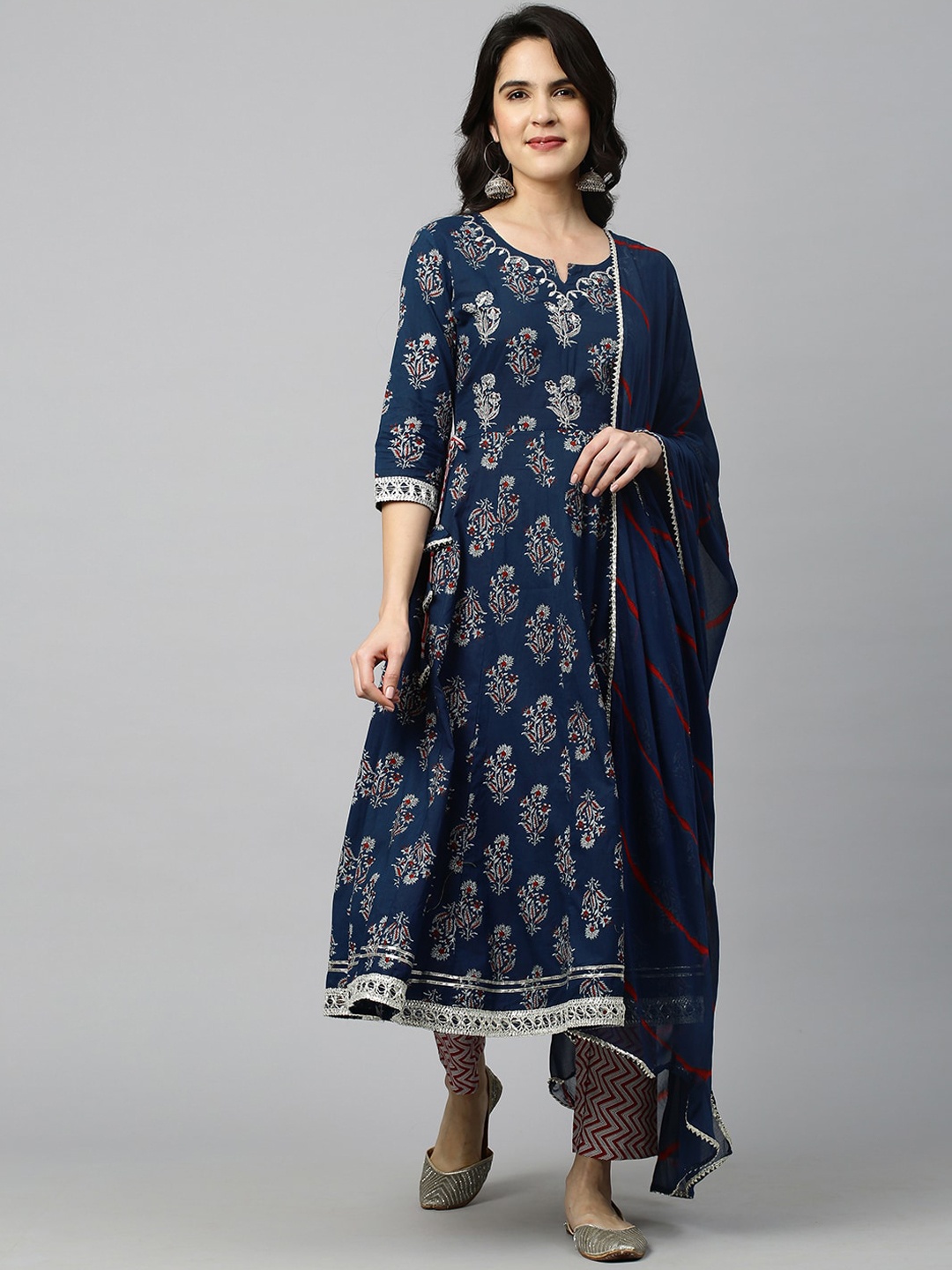 

FASHOR Women Navy Blue & White Print Mirror Work Pure Cotton Kurta with Trousers & Dupatta