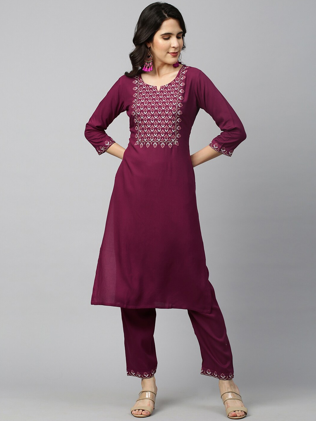 

FASHOR Women Purple Embroidered Empire Kurta with Trousers