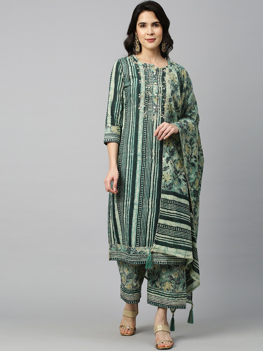 

FASHOR Women Green Printed Pleated Pure Cotton Kurti with Salwar & With Dupatta