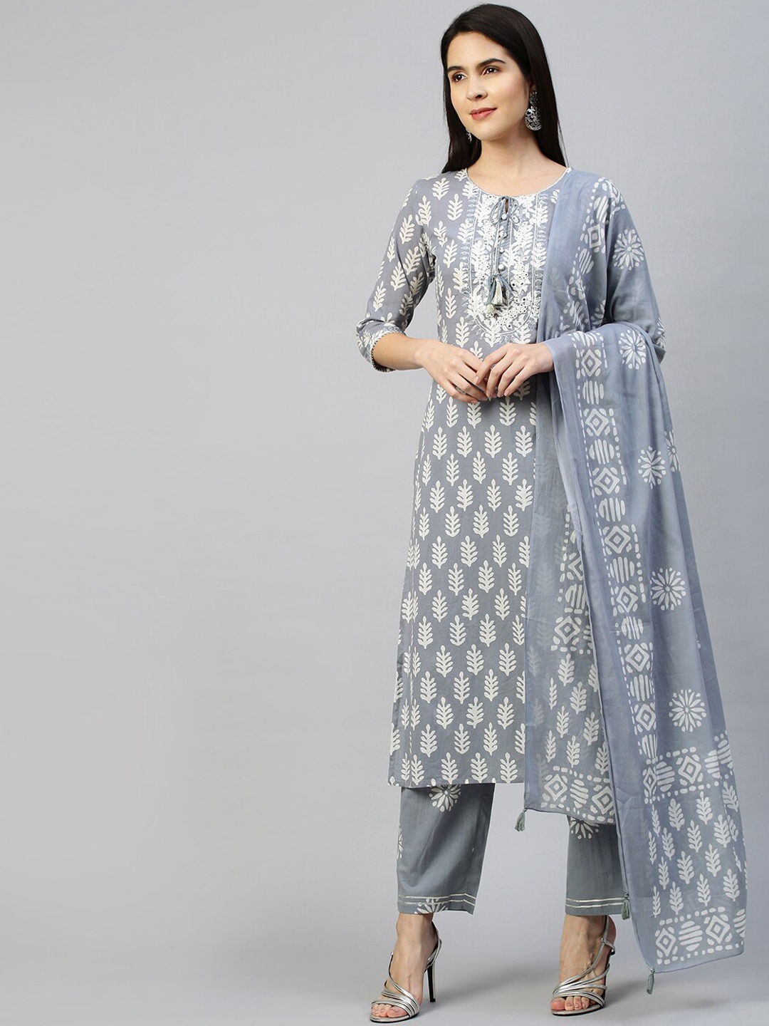 

FASHOR Women Grey Ethnic Motifs Printed Pure Cotton Kurta with Skirt & With Dupatta