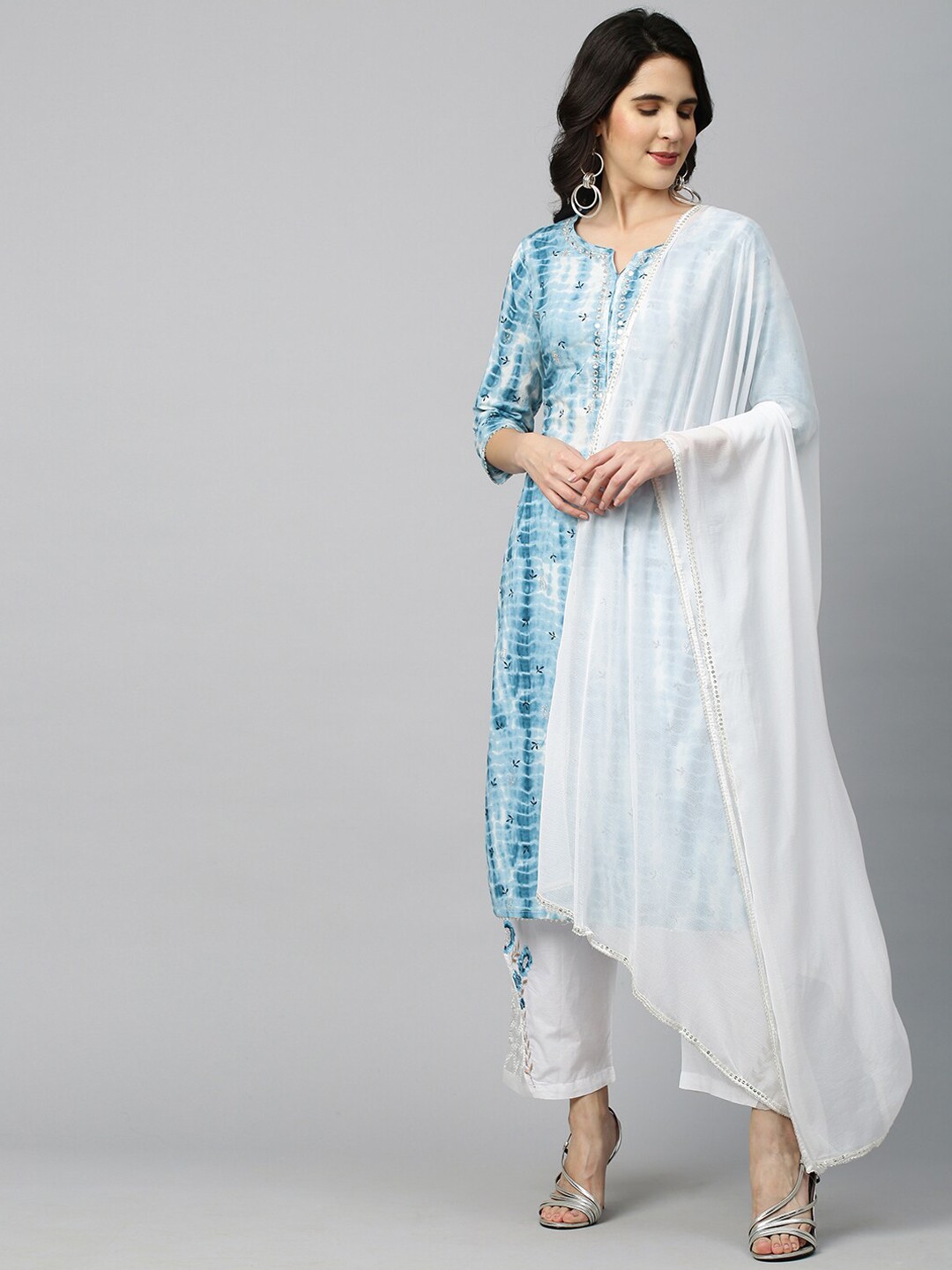 

FASHOR Women Blue Striped High Slit Mirror Work Pure Cotton Kurti with Trousers