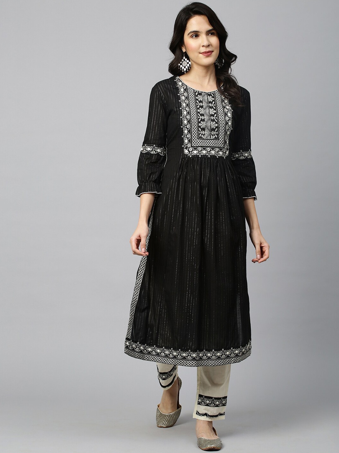 

FASHOR Women Black Embroidered Empire Kurti with Trousers & With Dupatta