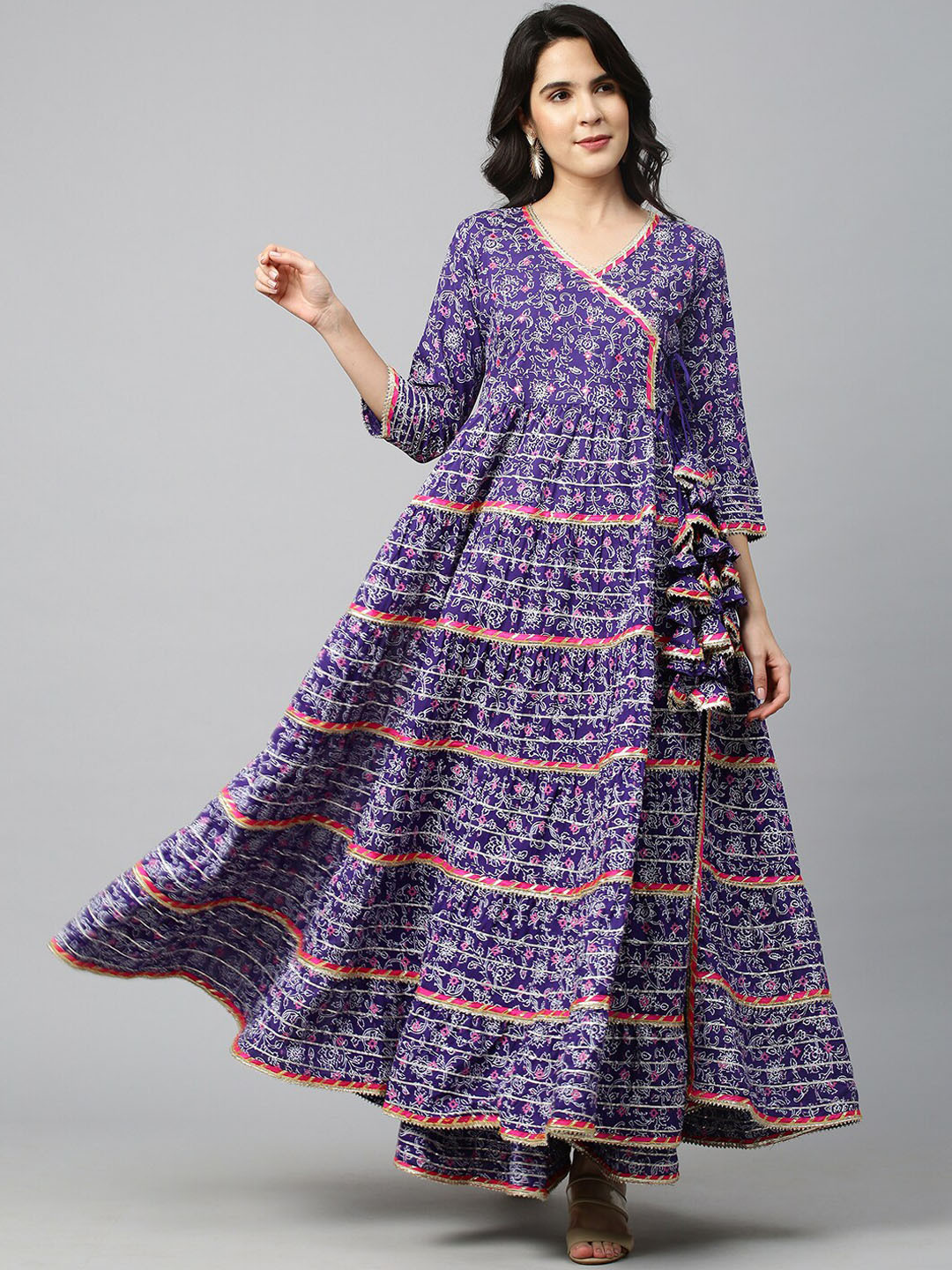 

FASHOR Women Purple Embroidered Angrakha Gotta Patti Pure Cotton Flare Kurta with Palazzos