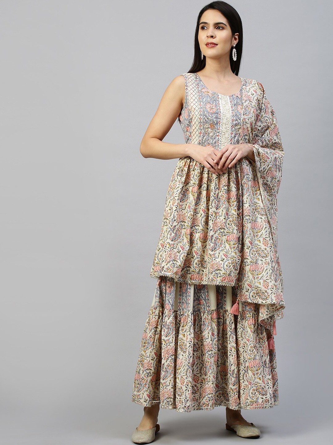 

FASHOR Women Beige Ethnic Motif Printed Pure Cotton Kurti With Sharara & Dupatta