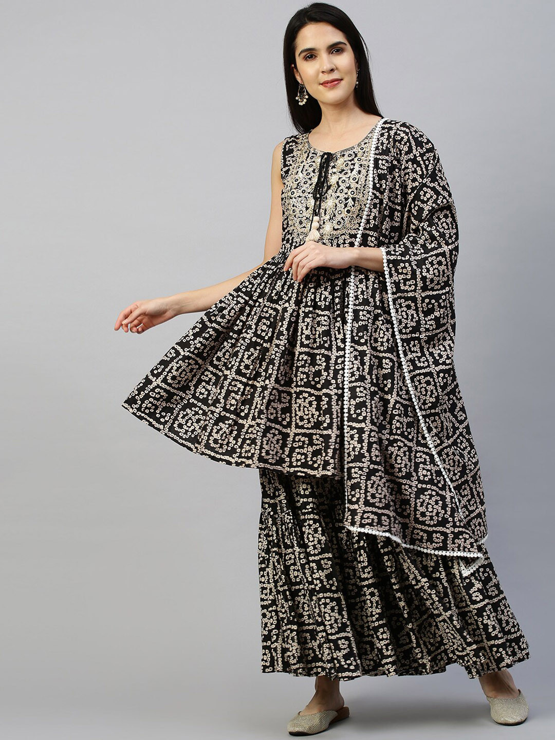 

FASHOR Women Black Embroidered Mirror Work Pure Cotton Kurti With Sharara & Dupatta