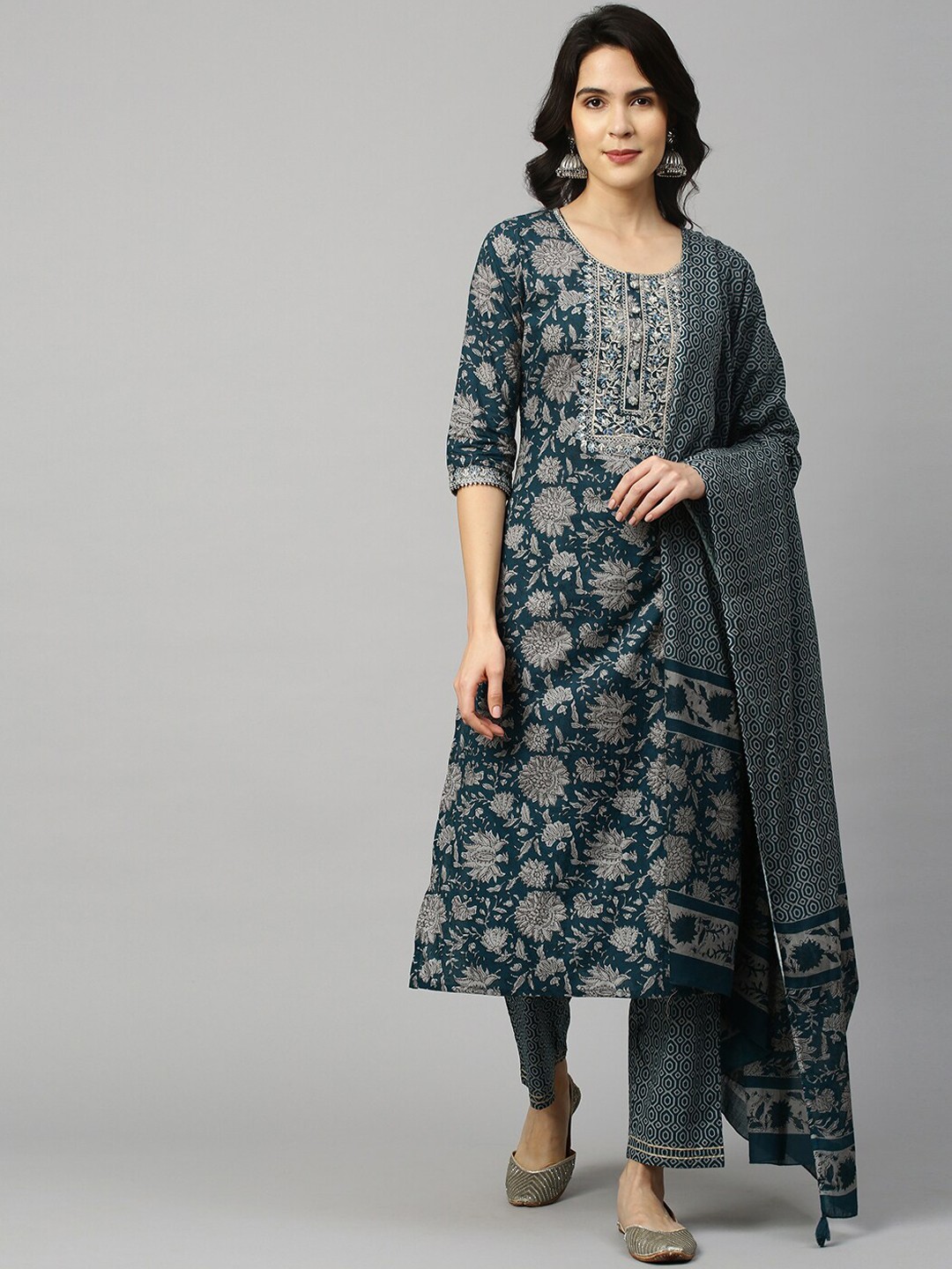 

FASHOR Women Teal Ethnic Motifs Printed Pure Cotton Kurta With Trousers & Dupatta