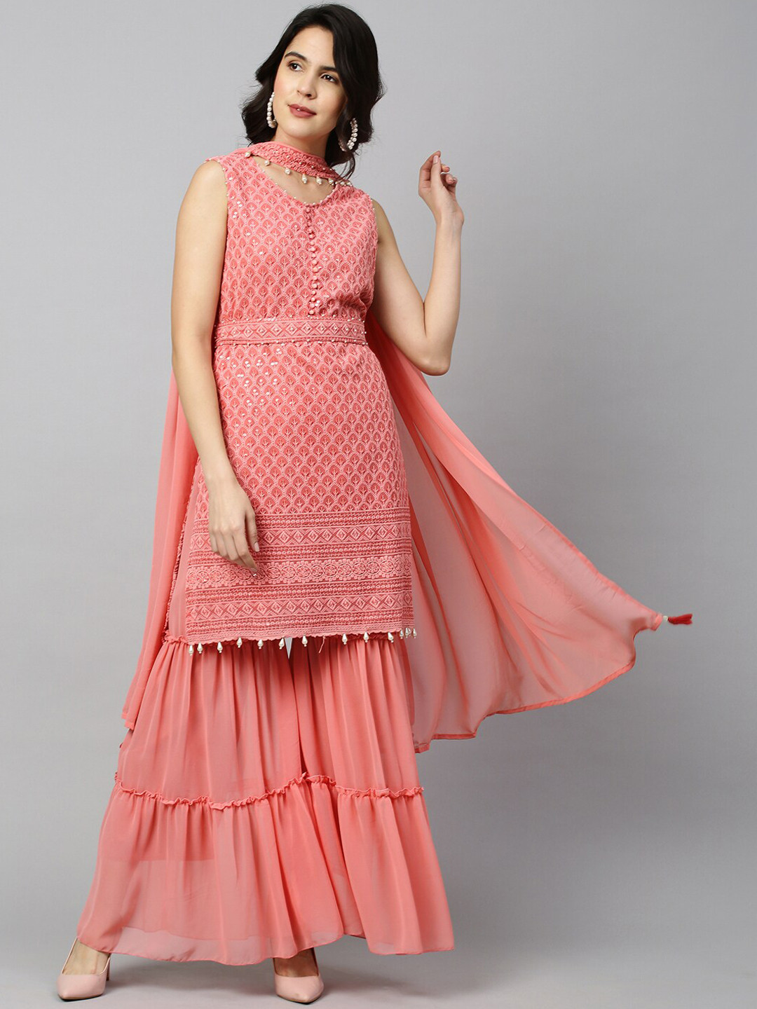 

FASHOR Women Coral Ethnic Motifs Embroidered Chikankari Kurta with Sharara & Dupatta