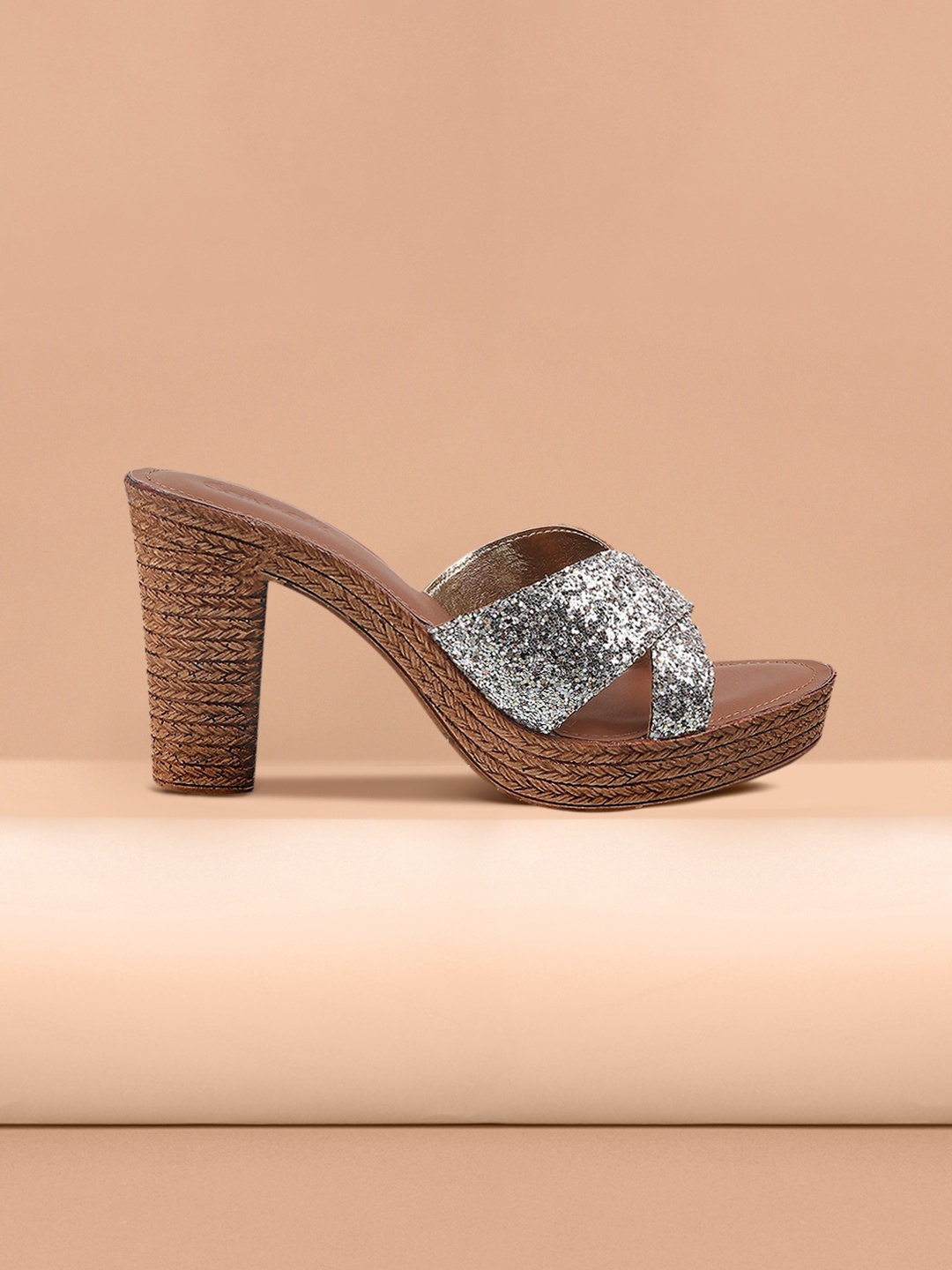 

Catwalk Bronze-Toned & Silver-Toned Embellished Block Sandals