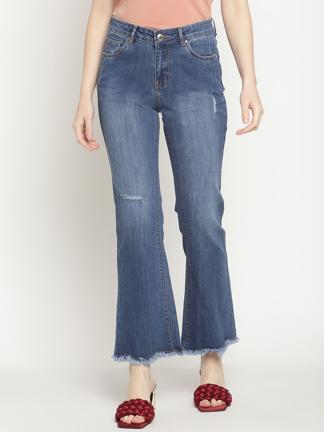 

Madame Women Navy Blue Jean Tapered Fit Low Distress Light Fade Jeans