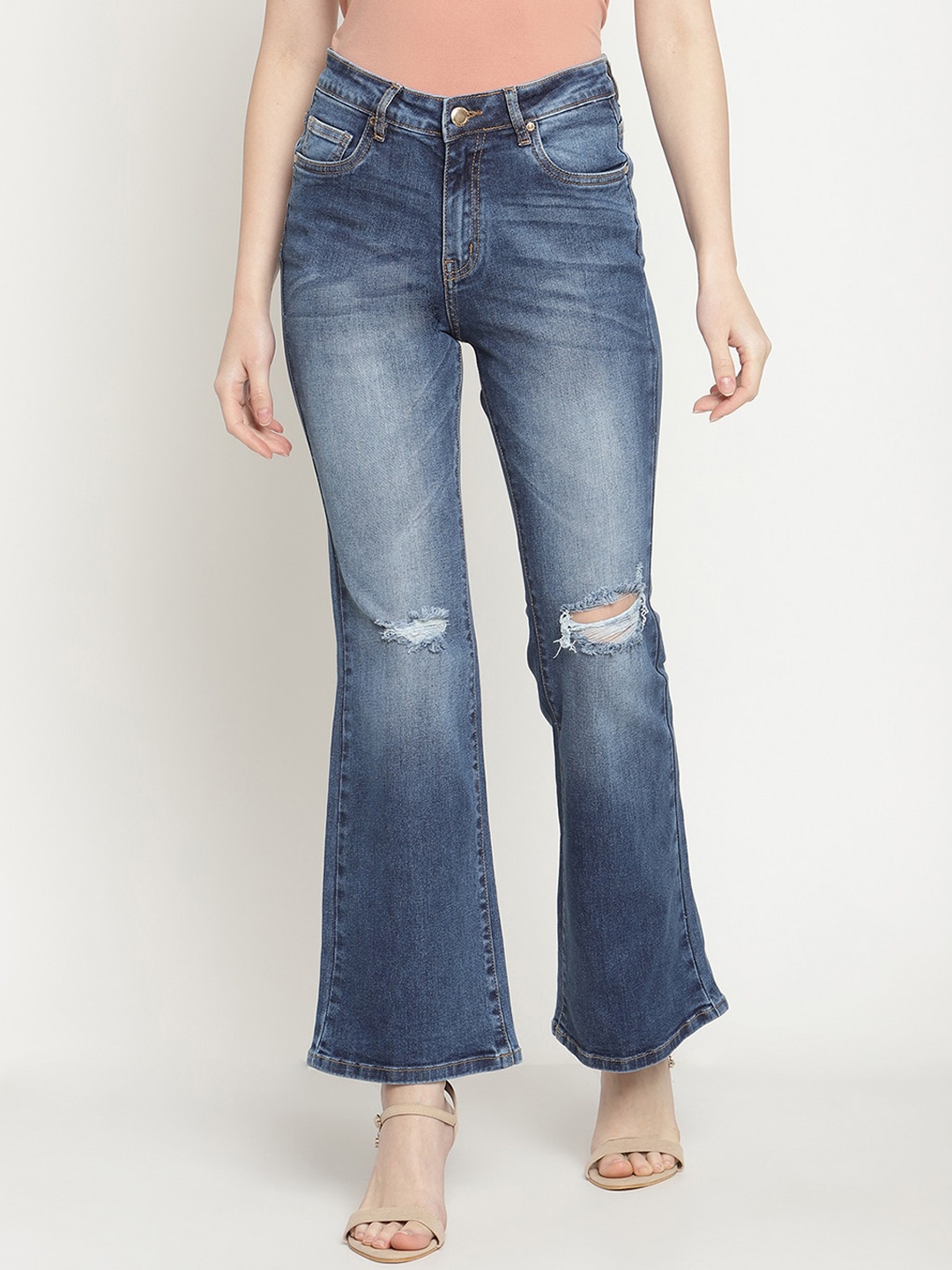 

Madame Women Blue Jean Tapered Fit Ripped Distressed Cotton Cropped Denim Jeans