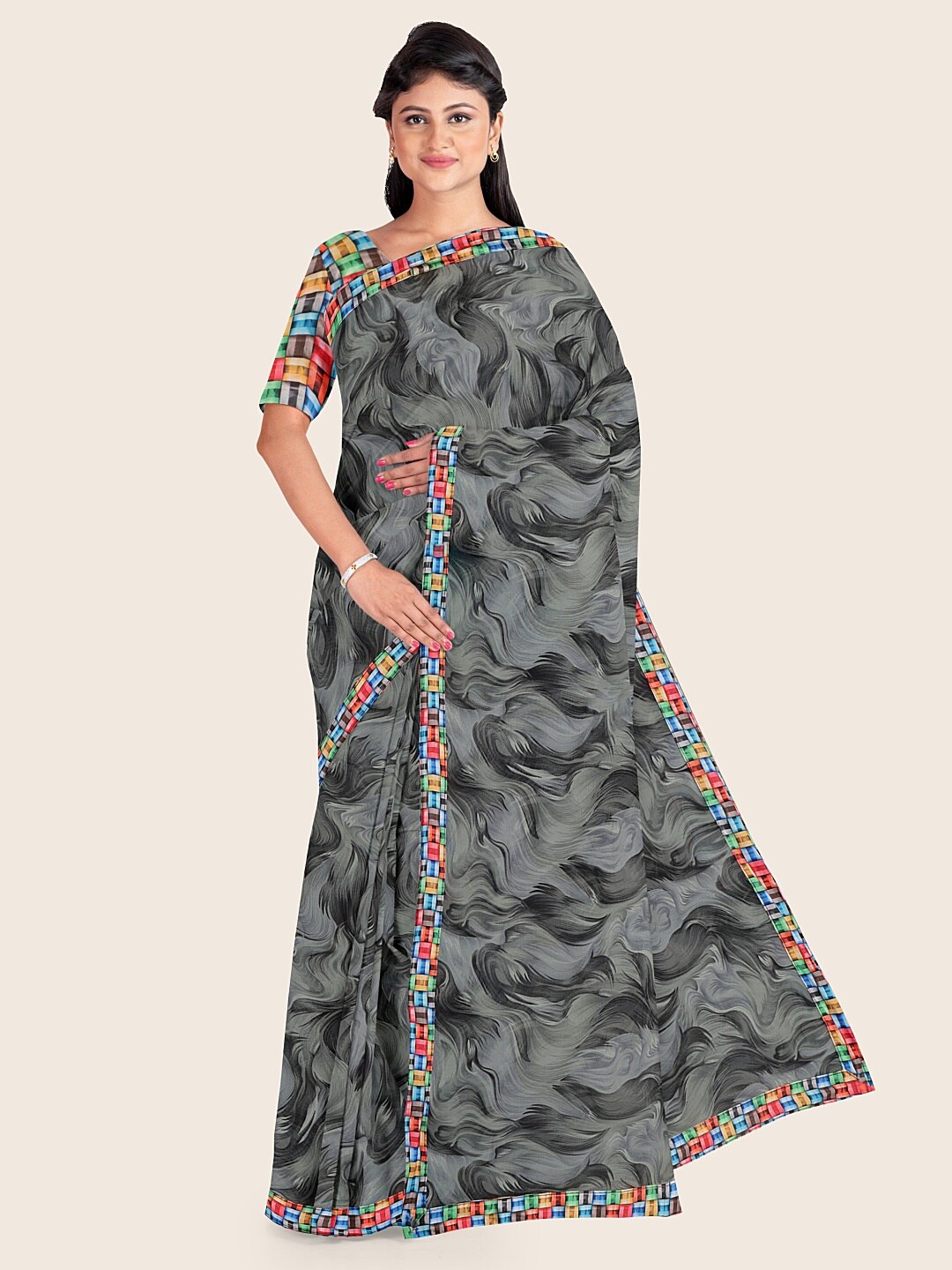 

Pothys Grey & Blue Printed Saree