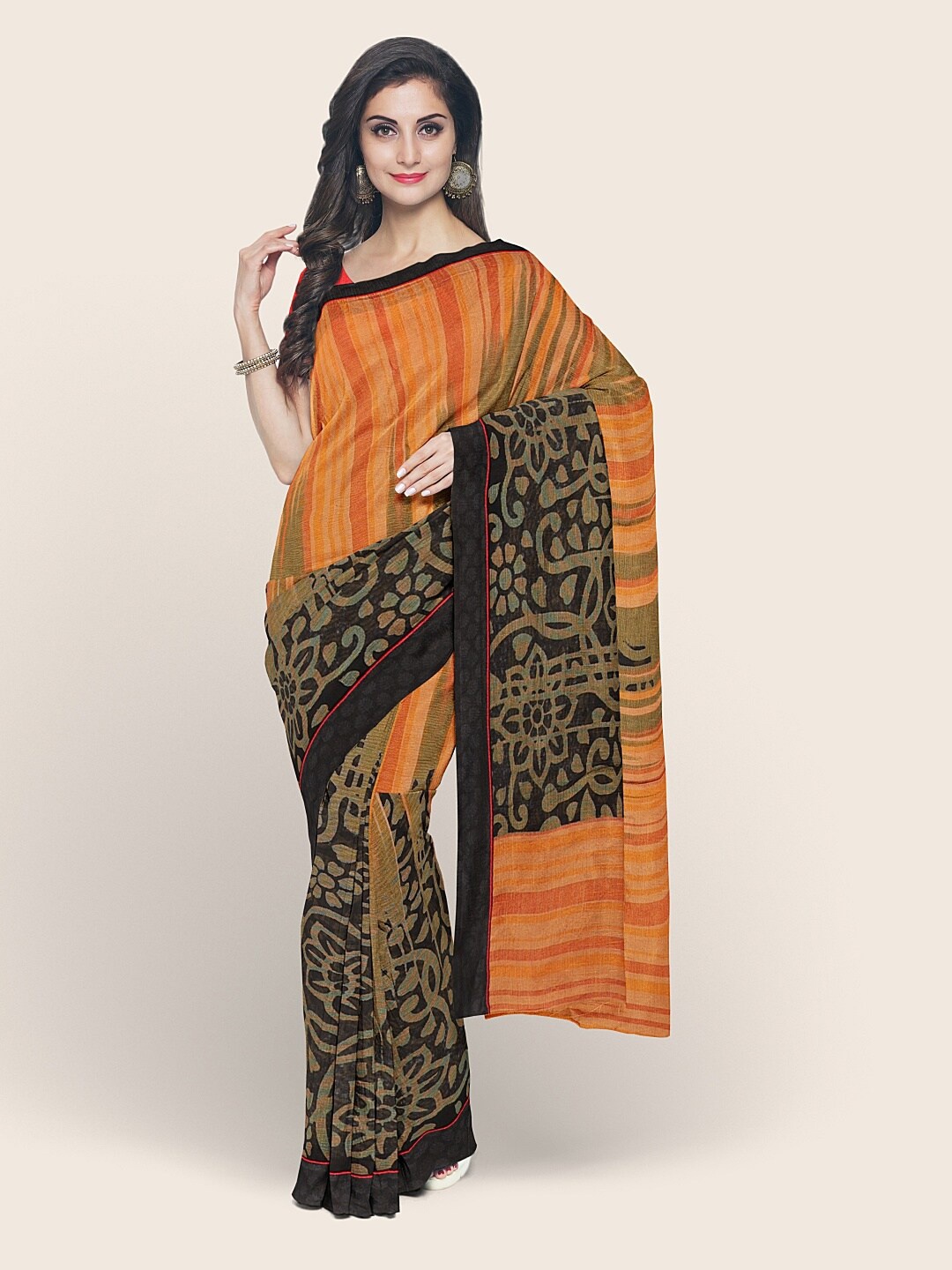 

Pothys Black & Orange Floral Zari Saree