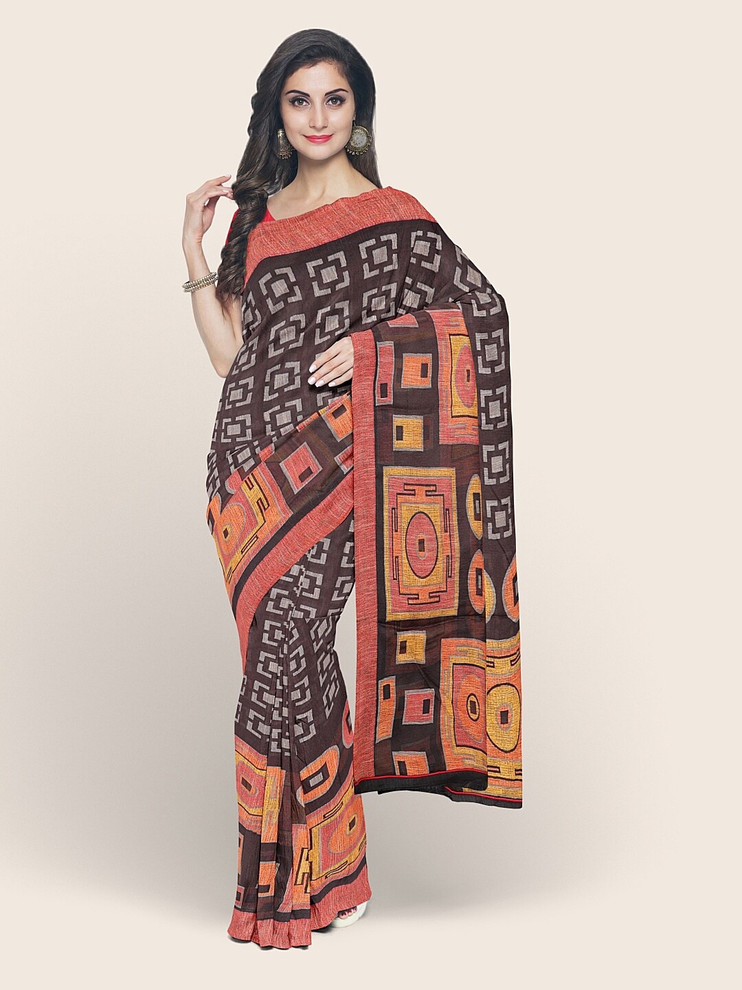 

Pothys Black Geometric Printed Poly Chiffon Saree