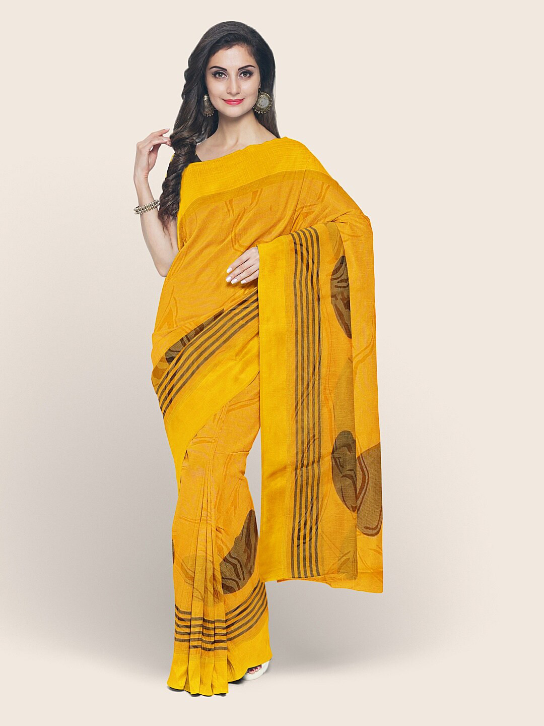 

Pothys Mustard Yellow & Black Abstract Printed Saree
