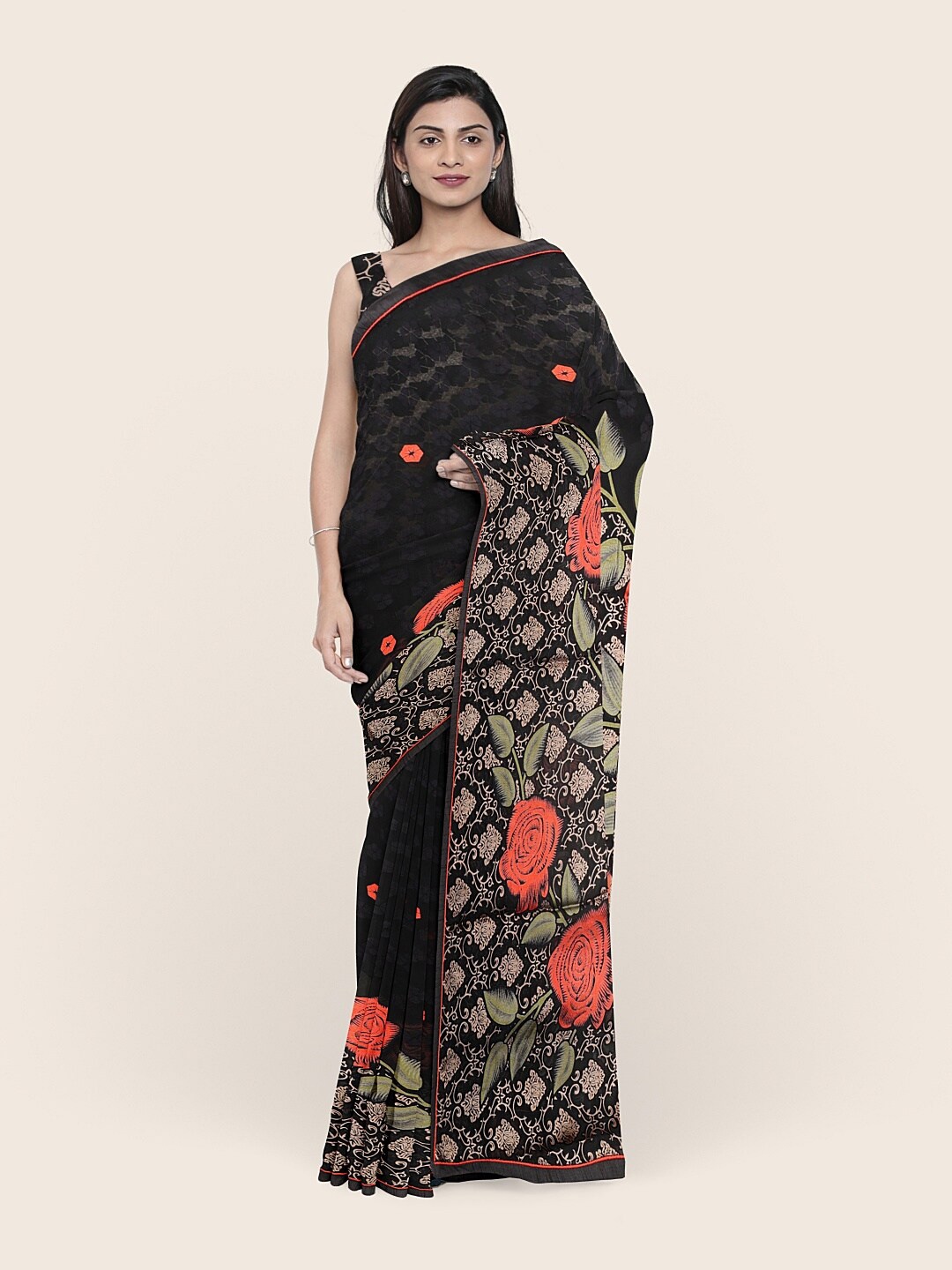 

Pothys Black & Orange Floral Printed Zari Saree
