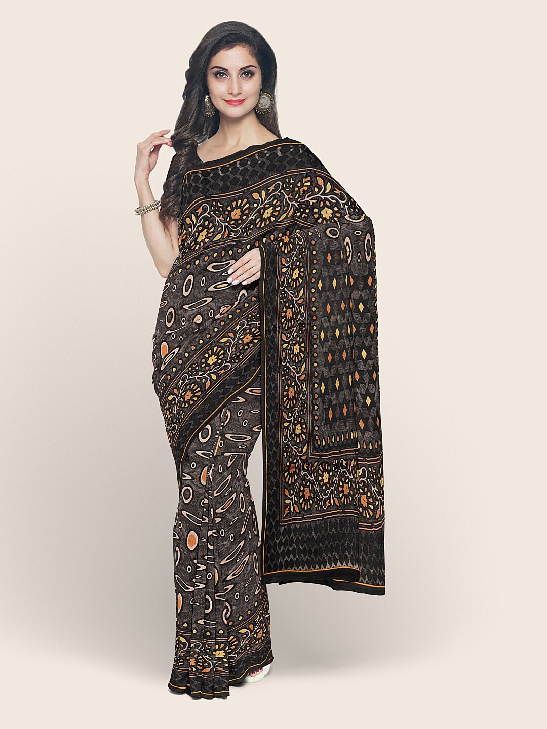 

Pothys Black & Orange Geometric Printed Saree
