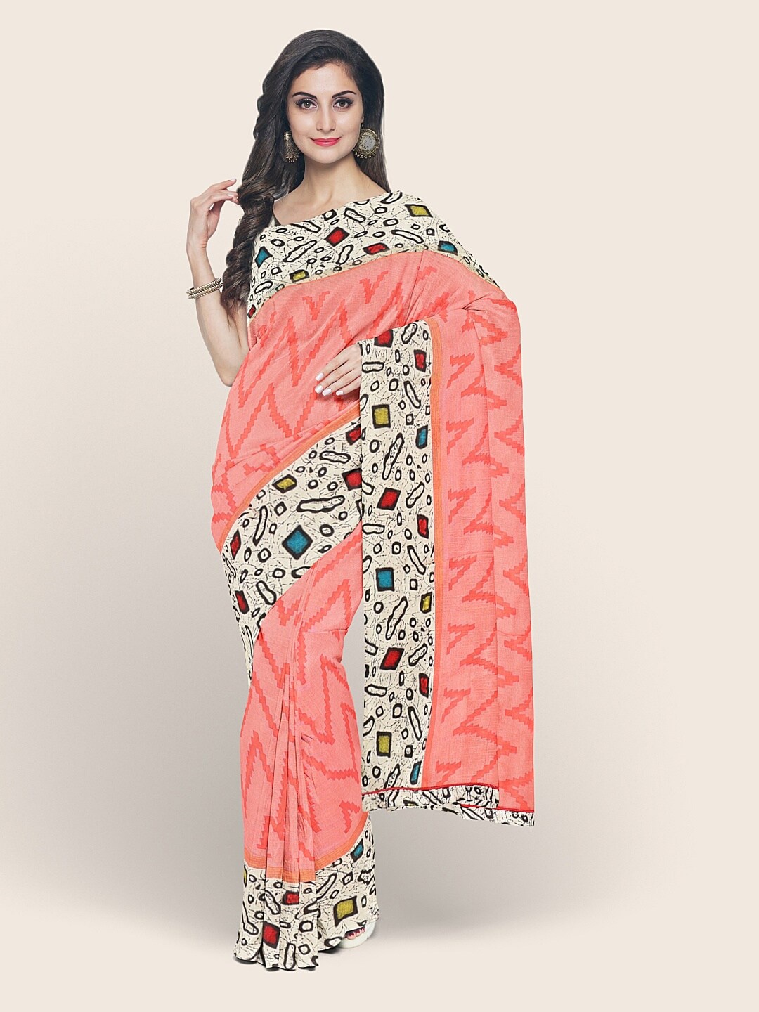 

Pothys Pink & White Geometric Printed Poly Chiffon Saree