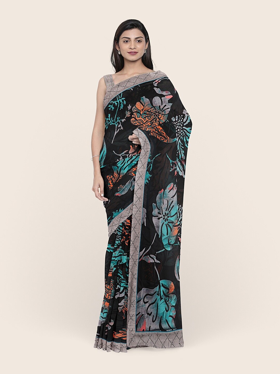 

Pothys Woman Black & Blue Floral Zari Saree