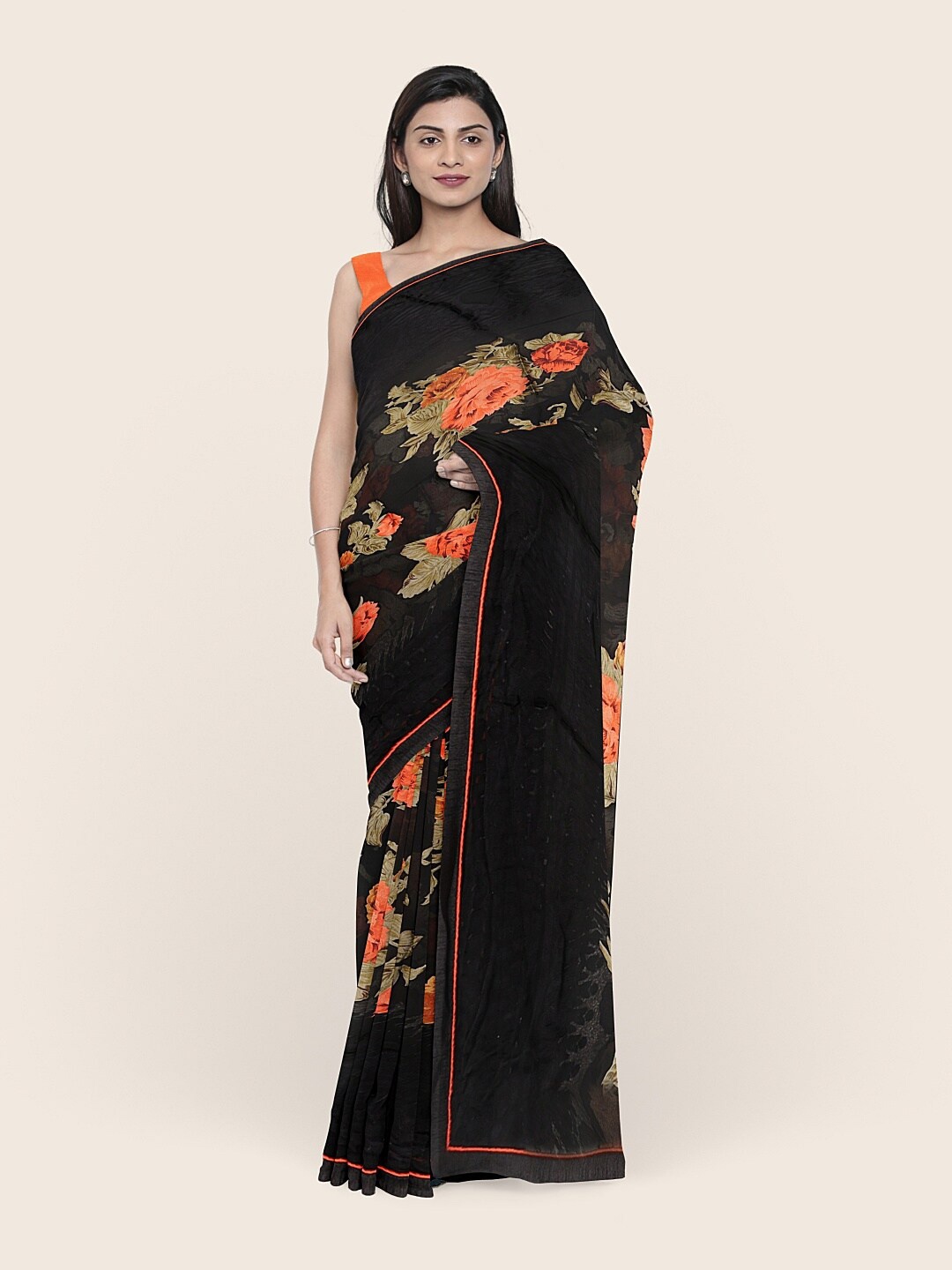 

Pothys Black & Orange Floral Printed Saree