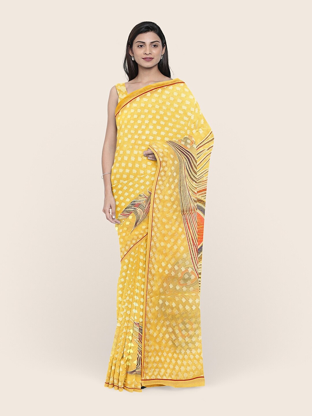 

Pothys Yellow & Orange Ethnic Motifs Brasso Printed Saree