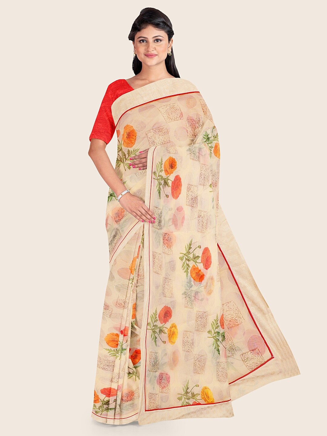 

Pothys Cream-Coloured & Orange Floral Zari Saree