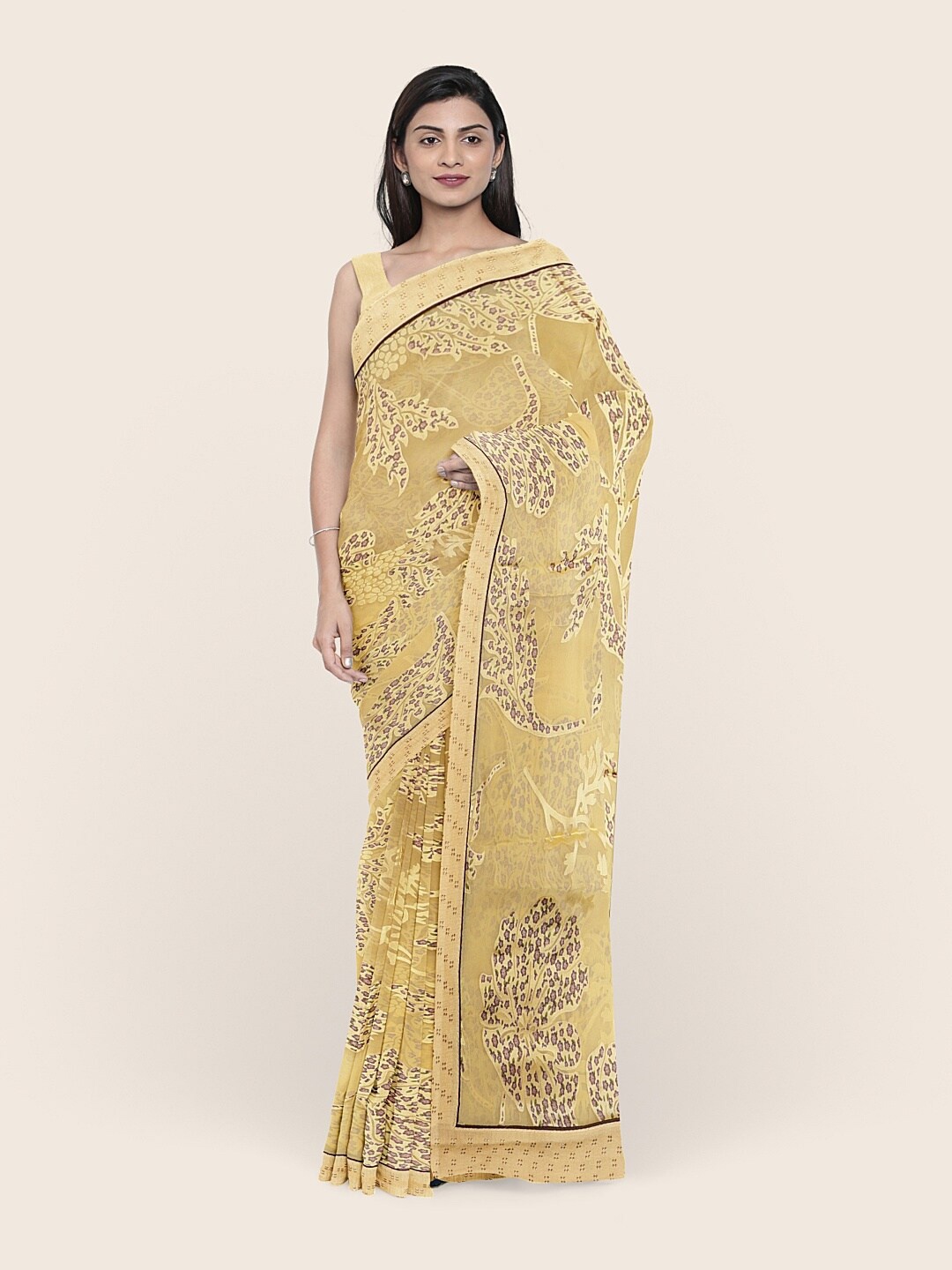 

Pothys Yellow & Brown Floral Zari Saree