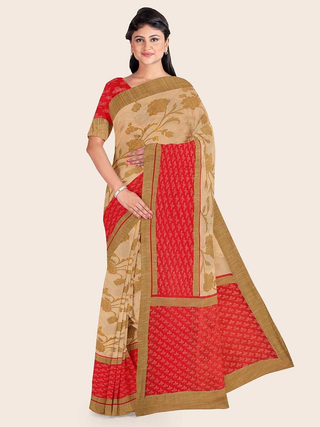 

Pothys Beige & Red Floral Printed Poly Chiffon Saree