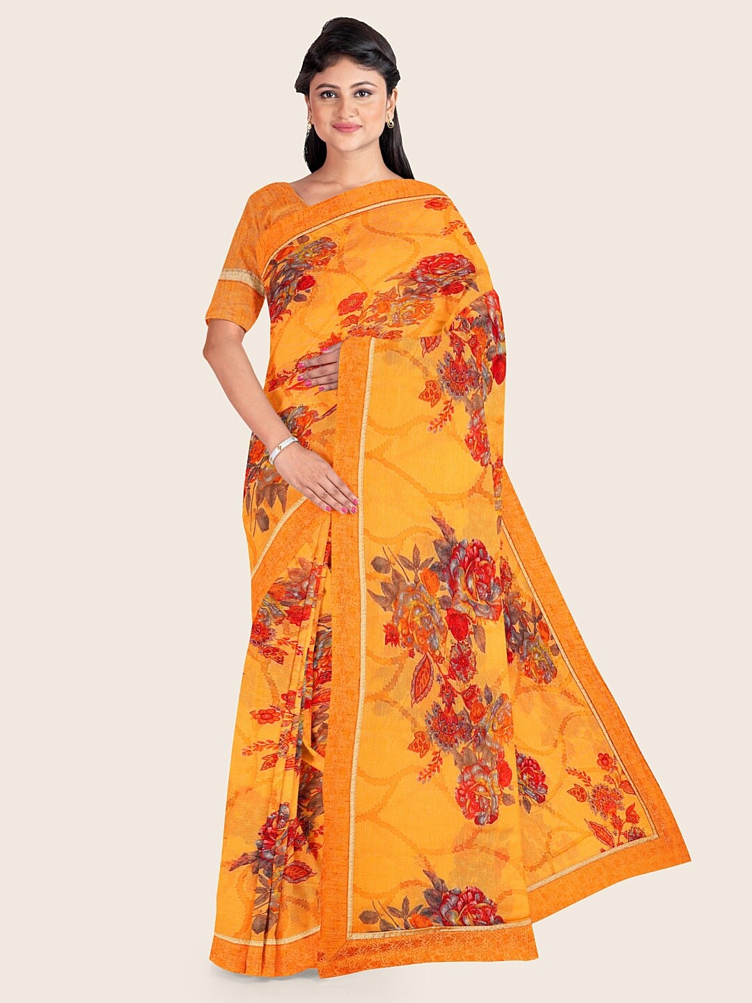 

Pothys Orange & Red Floral Zari Saree