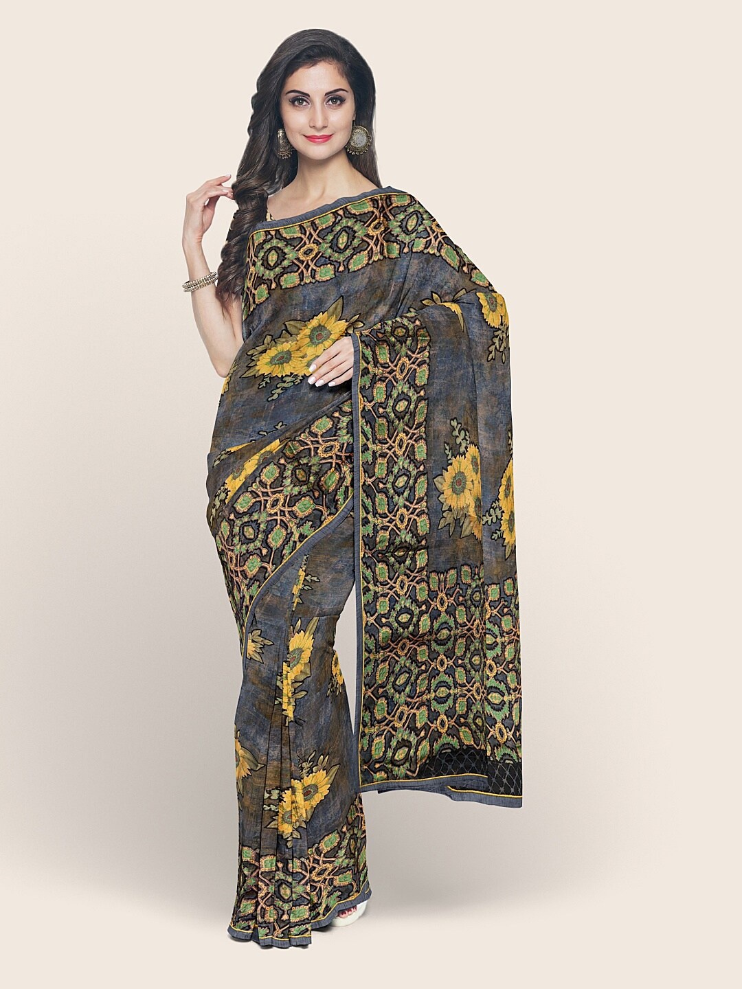 

Pothys Grey & Green Floral Printed Saree