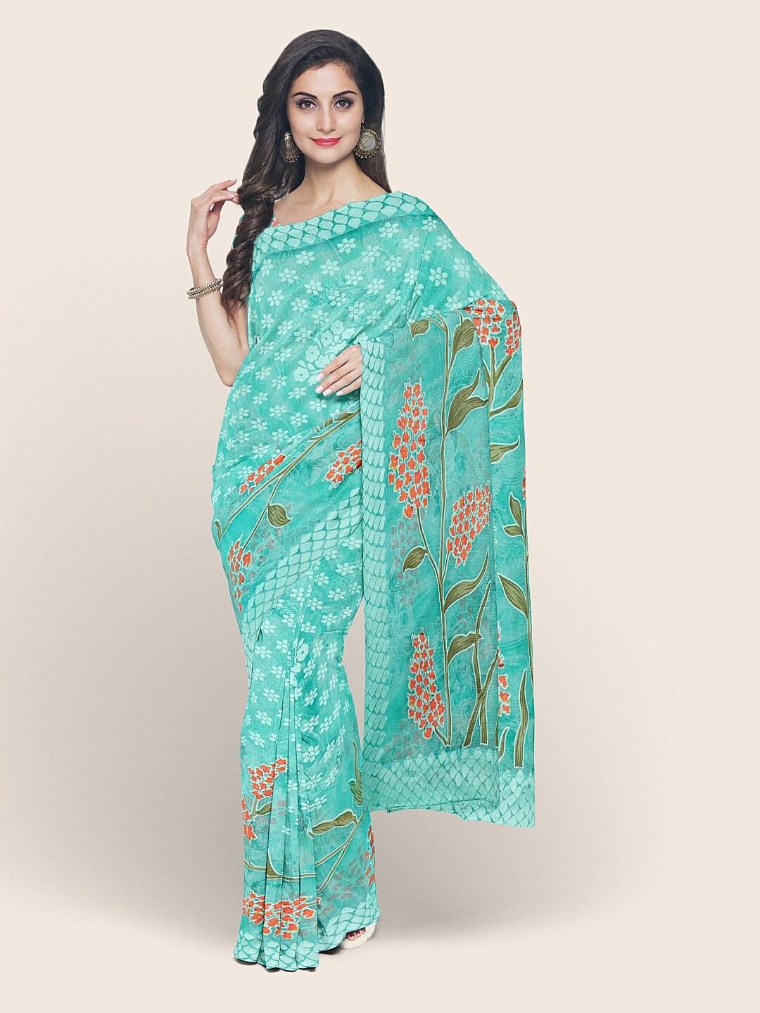 

Pothys Green & White Floral Printed Saree