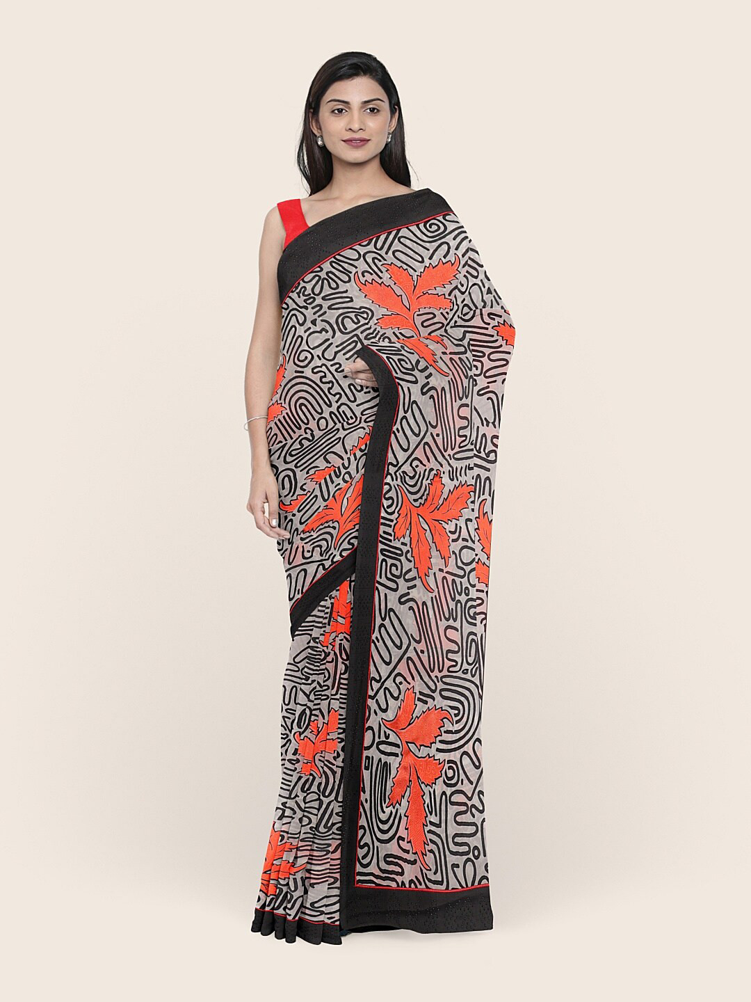 

Pothys Off White & Orange Printed Saree