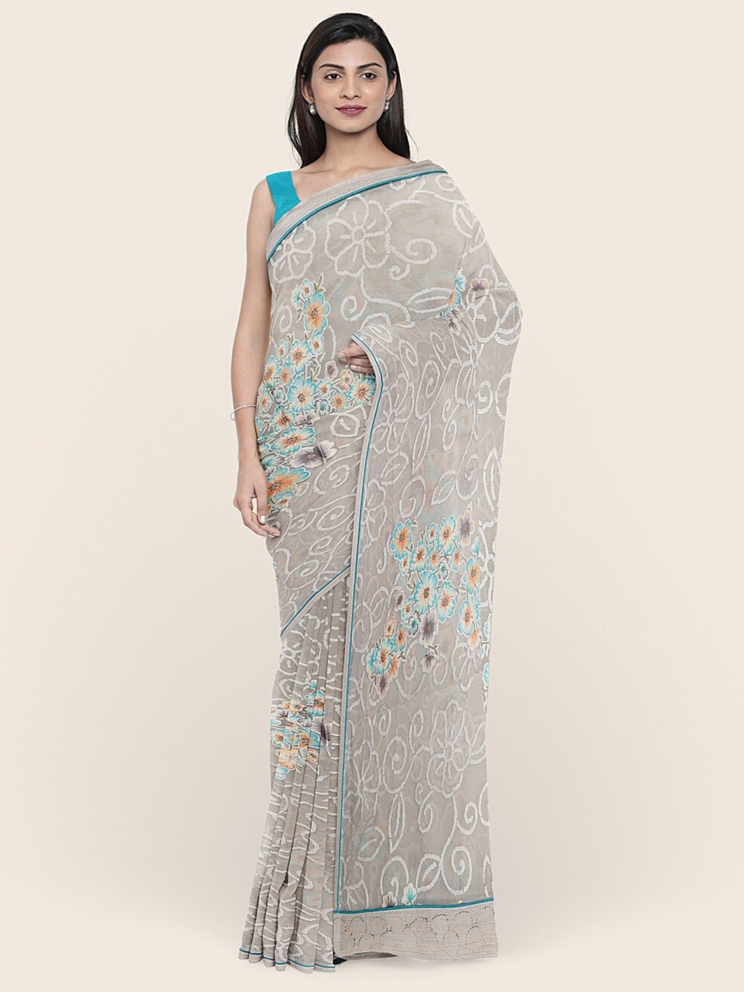 

Pothys Grey & Pink Floral Printed Saree