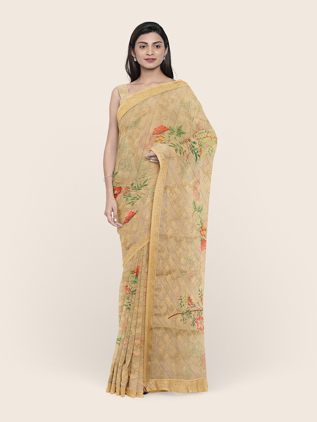 

Pothys Beige & Green Floral Printed Saree