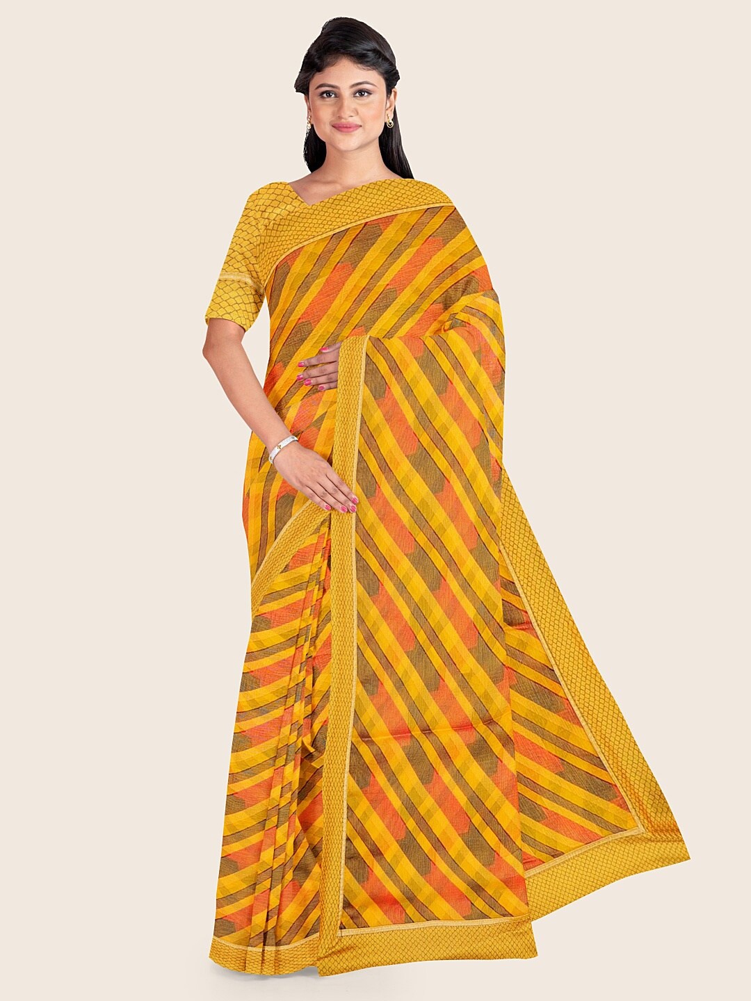 

Pothys Yellow & Orange Geometric Printed Poly Chiffon Saree