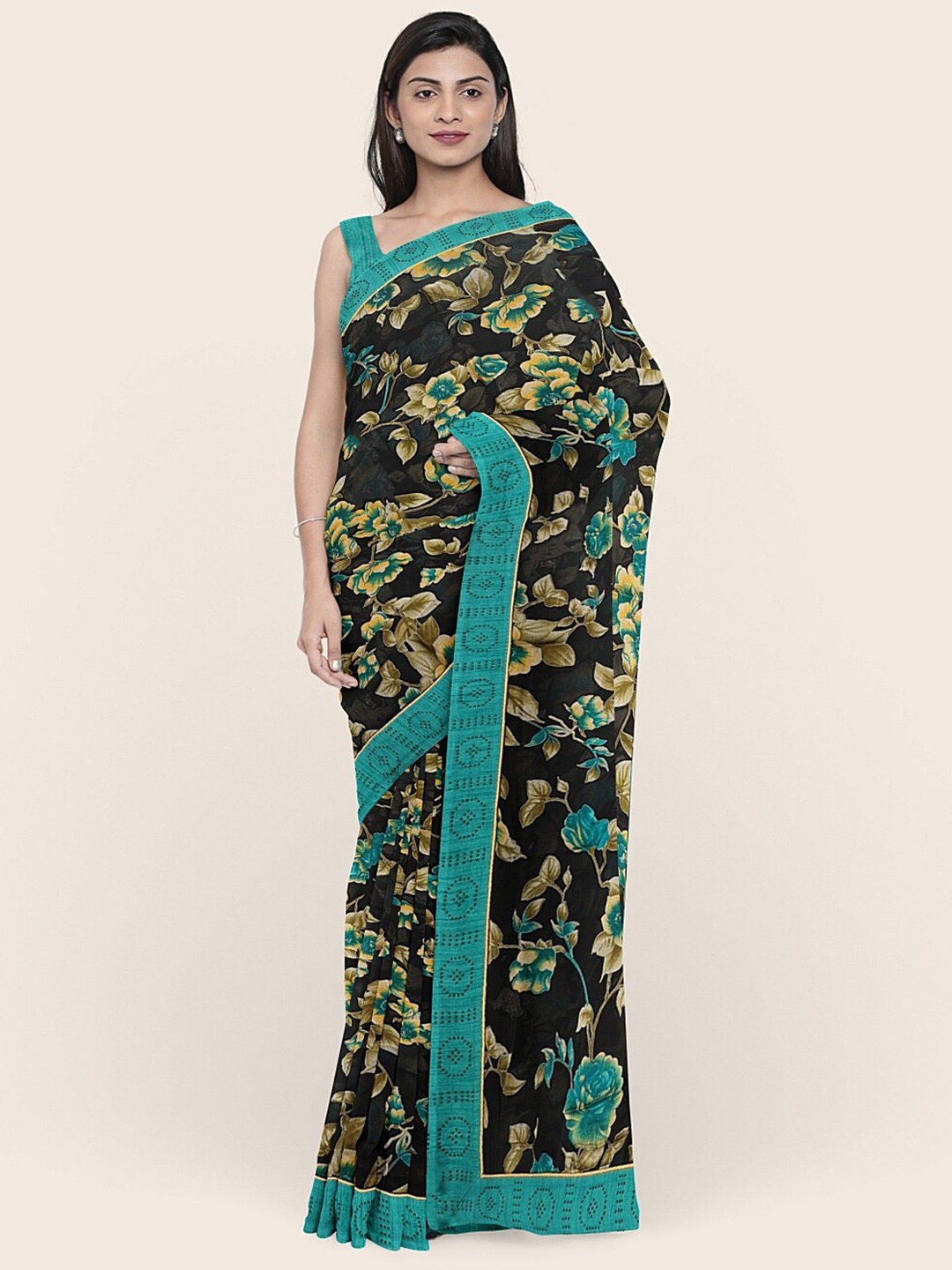 

Pothys Black & Teal Floral Saree