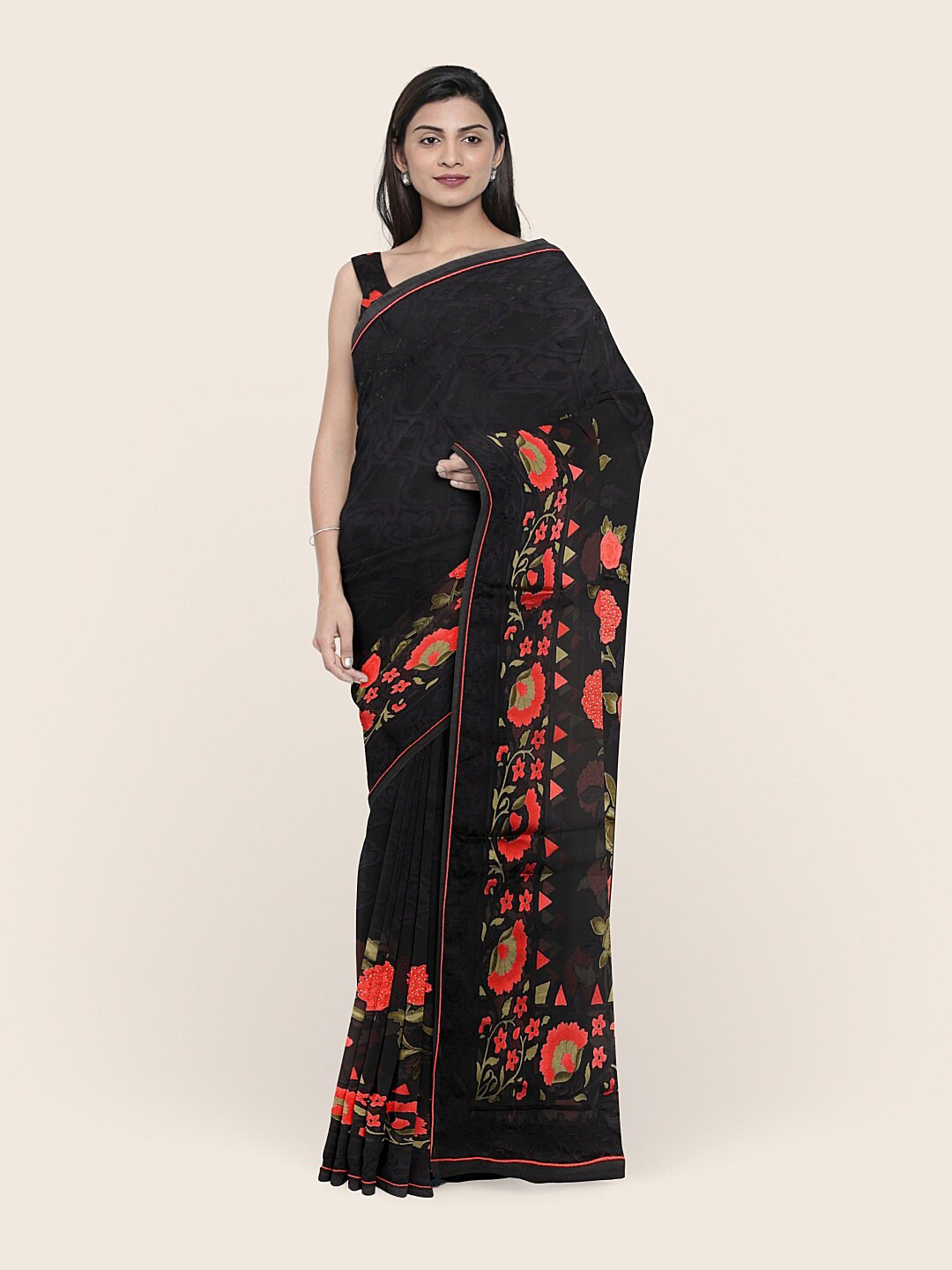 

Pothys Woman Black & Red Floral Saree