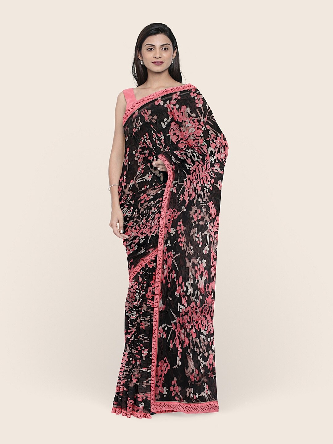 

Pothys Black & Pink Floral Printed Poly Chiffon Saree