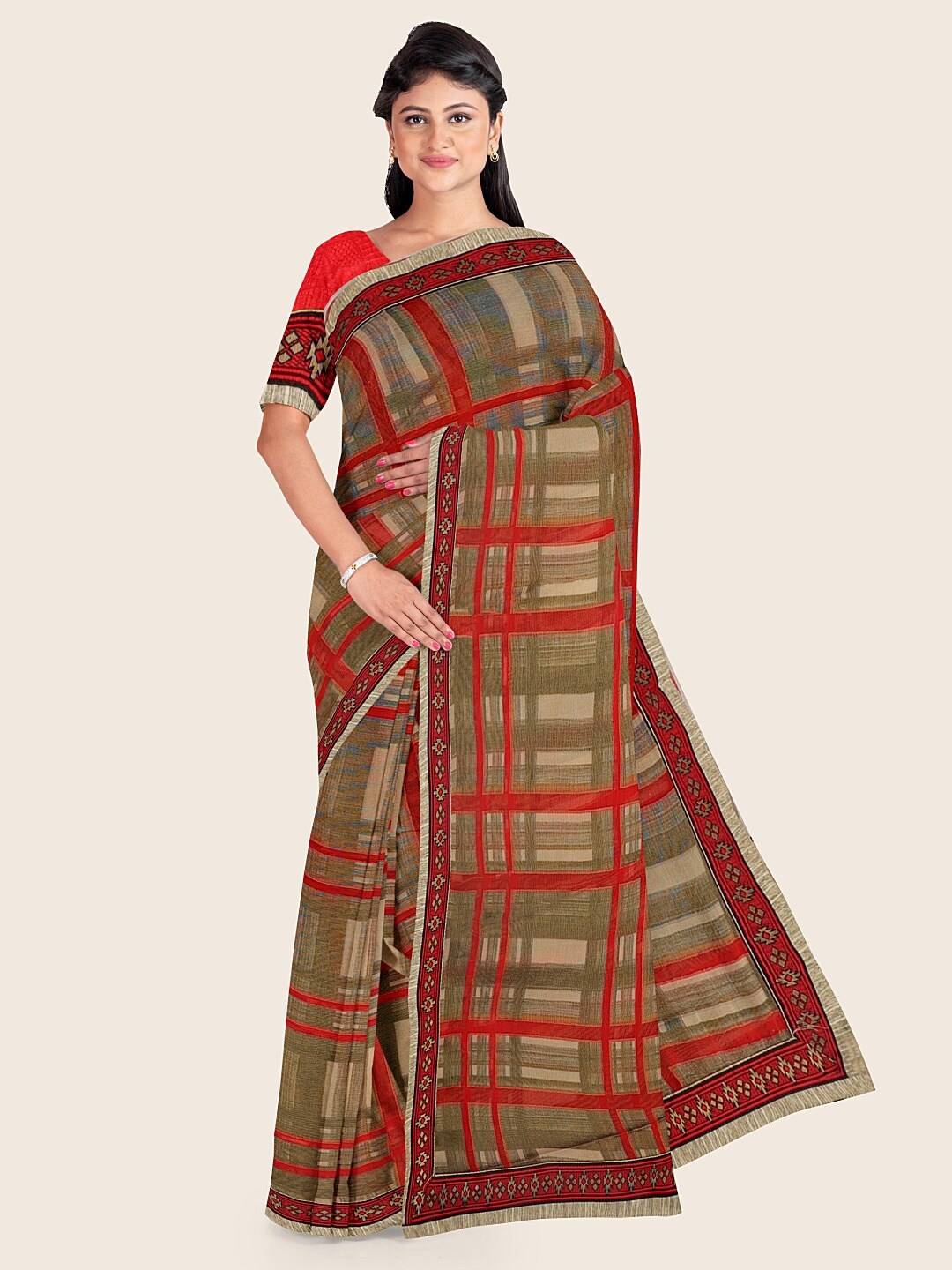 

Pothys Grey & Red Checked Saree