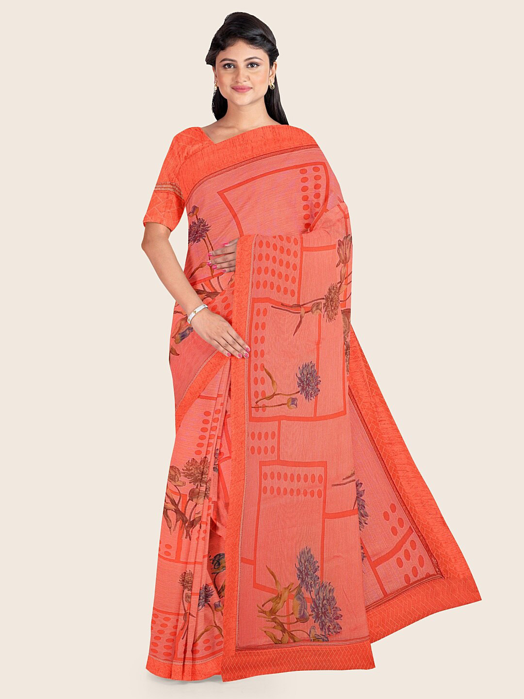 

Pothys Pink Floral Poly Chiffon Saree