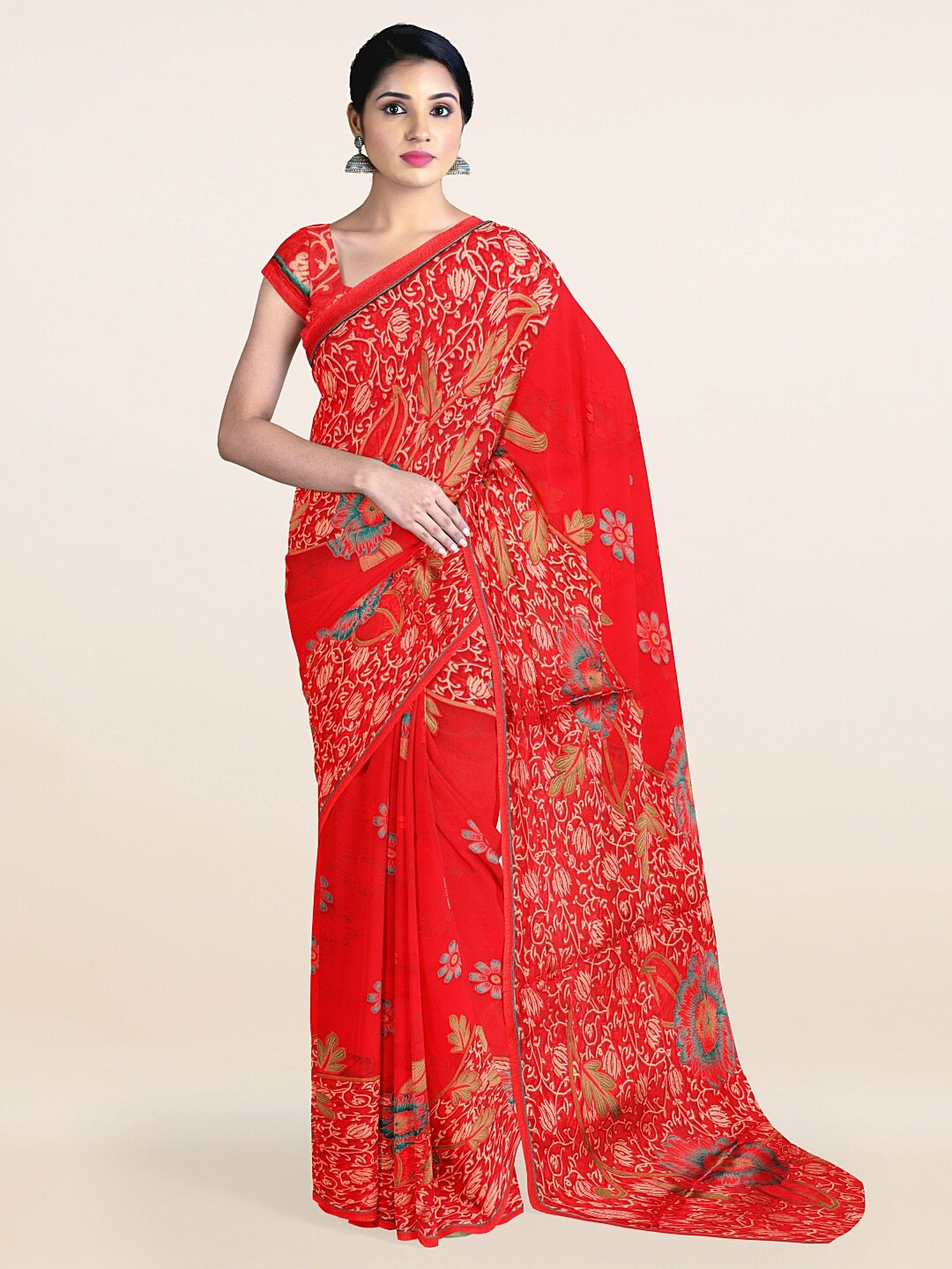 

Pothys Red & Gold-Toned Floral Printed Saree
