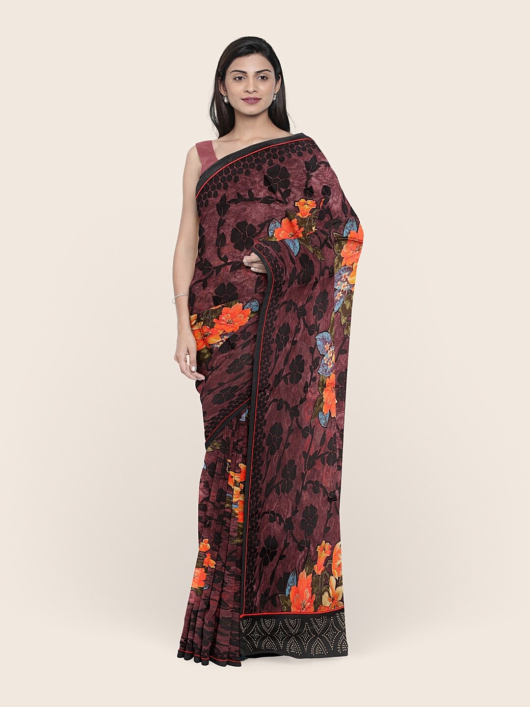 

Pothys Purple & Black Floral Printed Saree