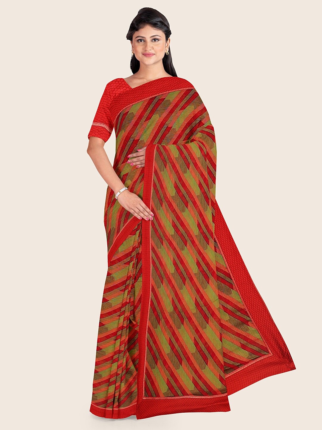 

Pothys Red & Green Striped Saree
